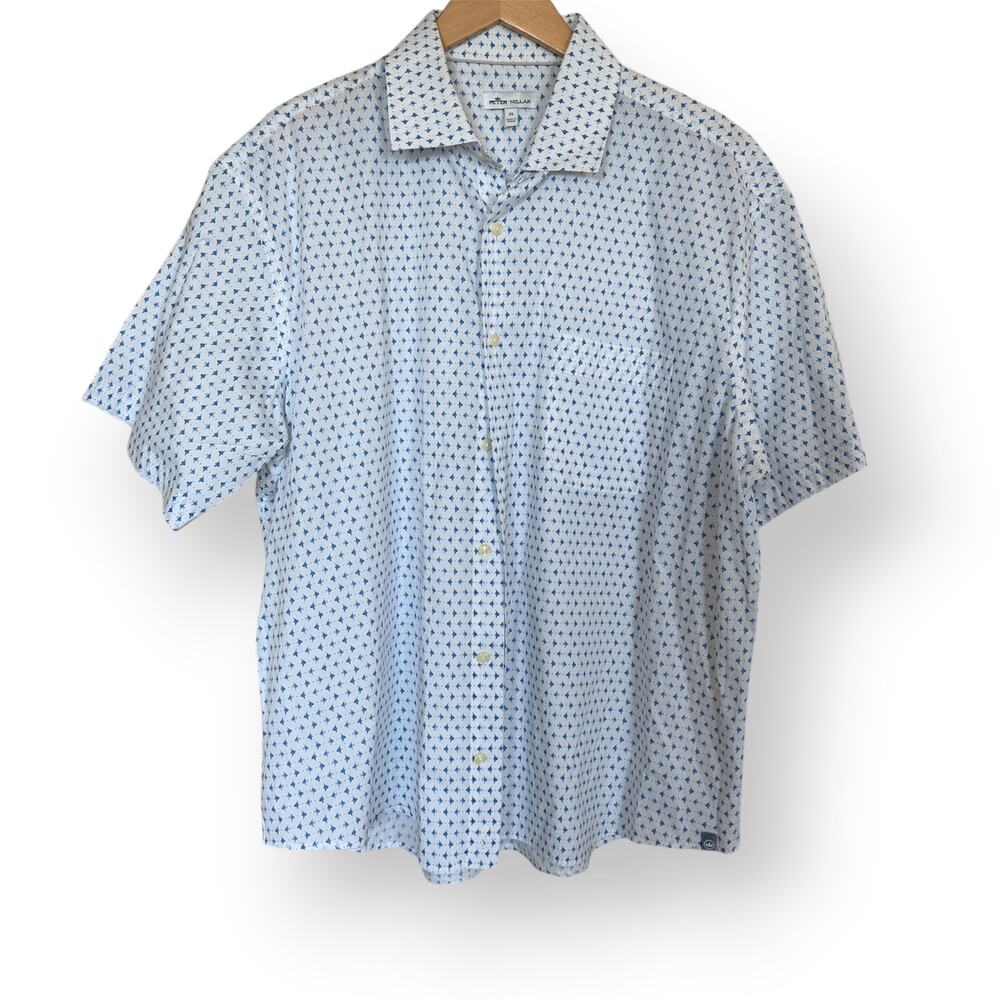 Peter Millar Men's XL Short Sleeve Button Down Shirt River Crest Logo Blue White